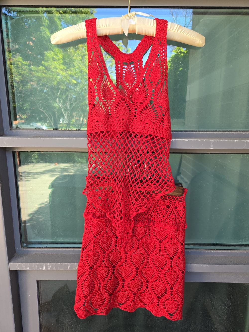 Unique Hand Crafted Set Of 2 Vacation Red Crochet Stretch Mini Skirt&top Size S